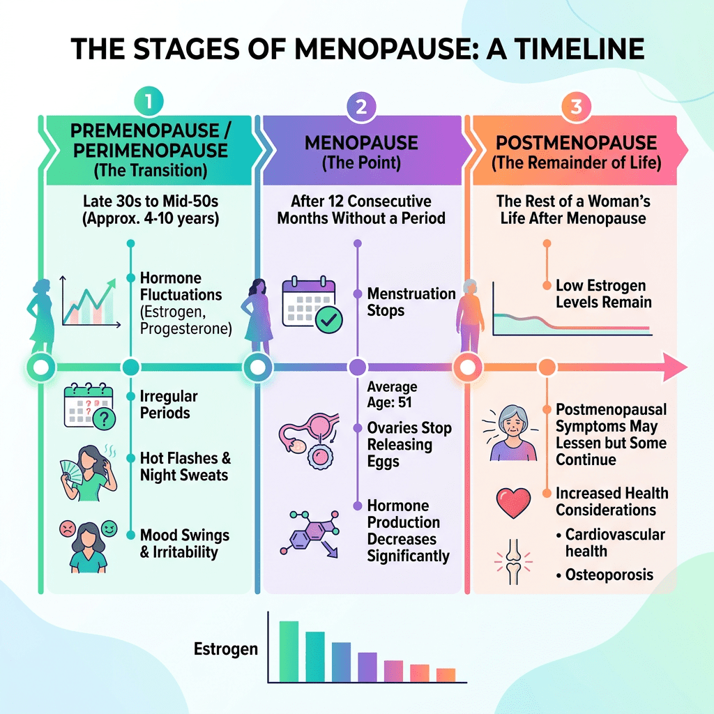 Timeline showing stages of menopause: premenopause, menopause, postmenopause with key symptoms and hormone changes
